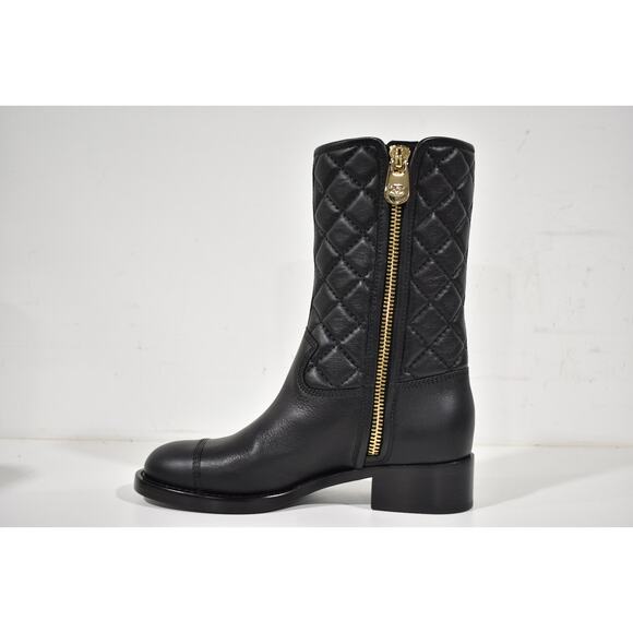 Chanel 21P Black Calfskin Leather CC Logo Quilted Zipper Mid Calf Boots 36.5 - Picture 8 of 12